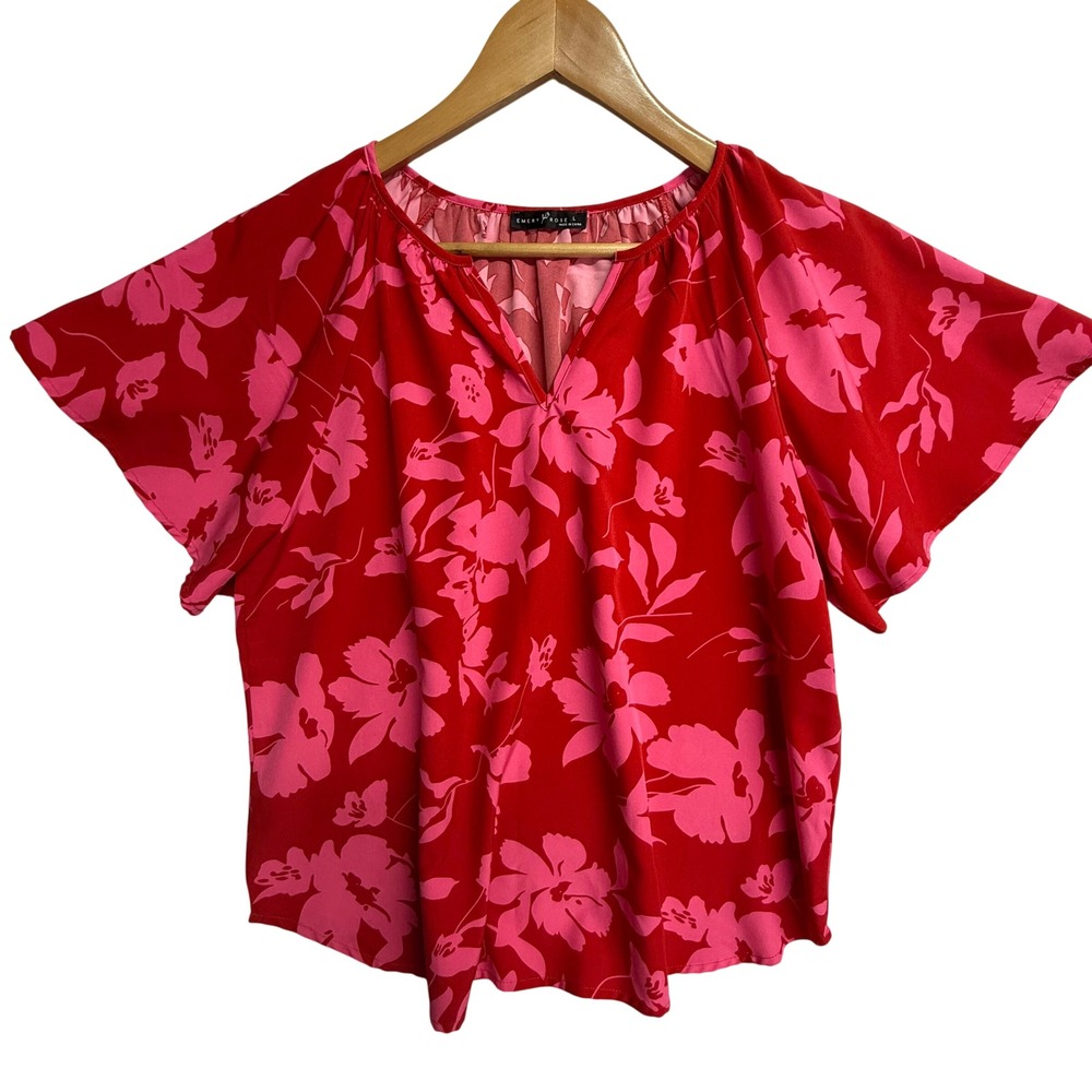 Emery Rose Women's L Red Pink Floral Blouse Flutter Sleeve Split Neck Top